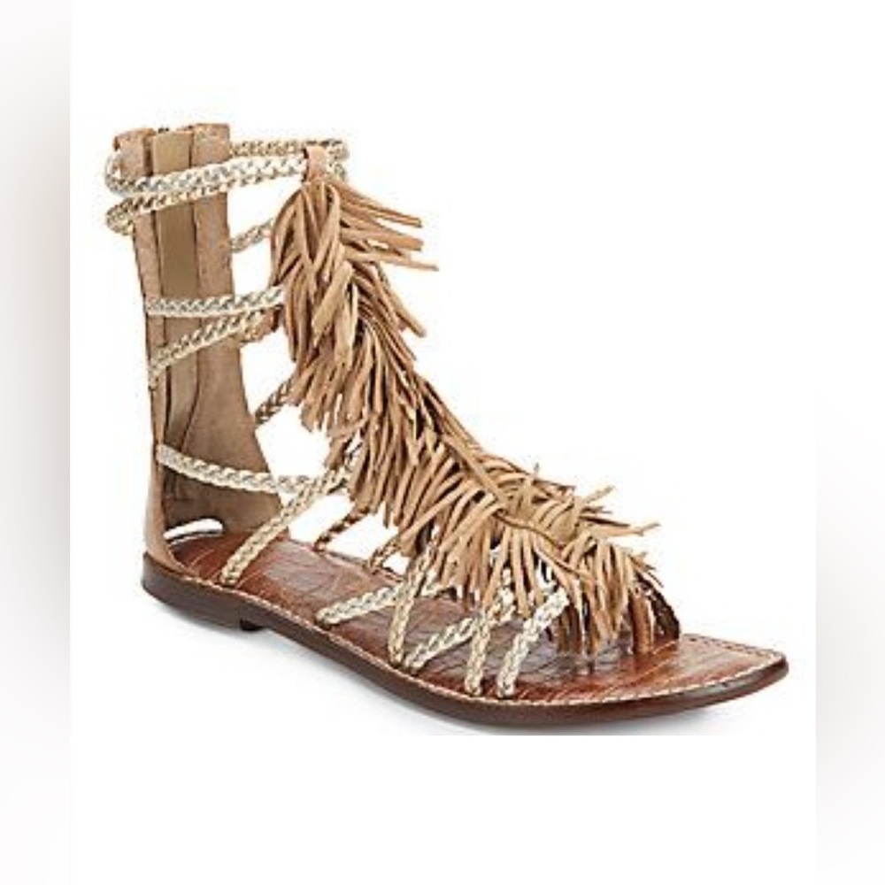 Sam Edelman Gisela Fringed Nude Leather Metallic Gladiator Sandals Sz 8.5